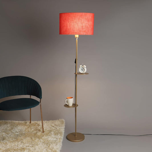 TIO's Double Shelf Gold Color Metal Base Floor Lamp in Red Color Oval Shape Shade for Living Room Home Decor - The Indie Odyssey