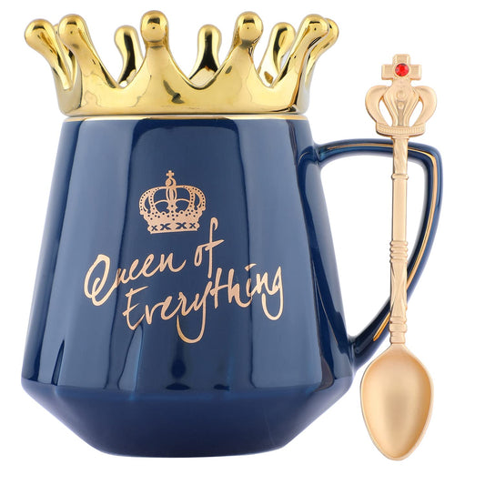 TIO's Set of 2 Queen Coffee Mug, Coffee Mug with Lid, Ceramic Coffee Mug with Spoon (400ml - Blue & Golden)