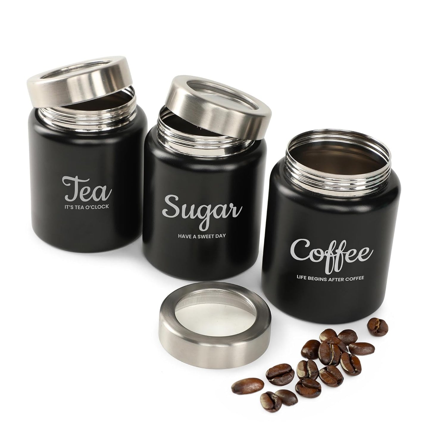 TIO's Stainless Steel Round Canister/Kitchen Storage for Tea Coffee Sugar pack of 3 (BLACK) 800 Millilitre/Each Jar