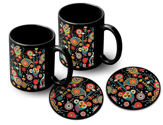 TIO's Owl Colorful Pattern Printed 2 Black Ceramic Coffee Mugs 330 ml with 2 Coasters | 2 Mugs and 2 Coasters Combo Set