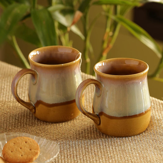 TIO's Dual-Glazed Studio Pottery Serving Tea Cups Set & Ceramic Coffee Mugs Set of 2 (360 ML, Mustard Yellow and Off White, Microwave & Dishwasher Safe)