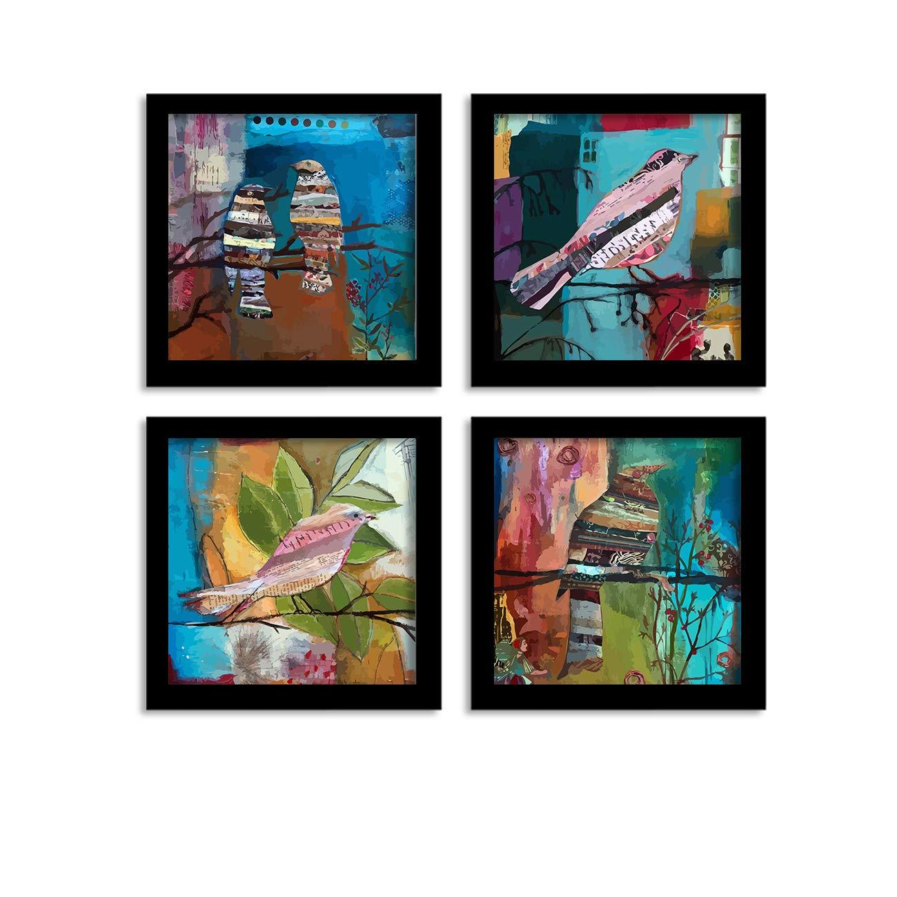 The Indie Odyssey's Multi-colour Jardine Birds Set of 4 Framed Paintings, UV Textured Art Prints (10 x 10 inch) - The Indie Odyssey