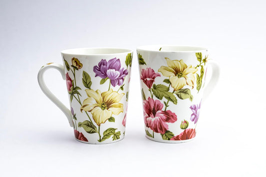 TIO's Ceramic Floral Print - Milk & Coffee Mug, 300 Ml - Set of 2 (Pink & Green Tapered)