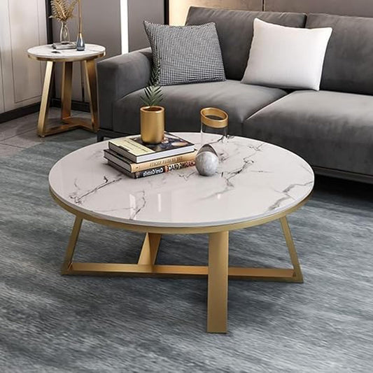 TIO's Double-Layer Marble-Look Coffee Table with Metal Storage (Gold & White)