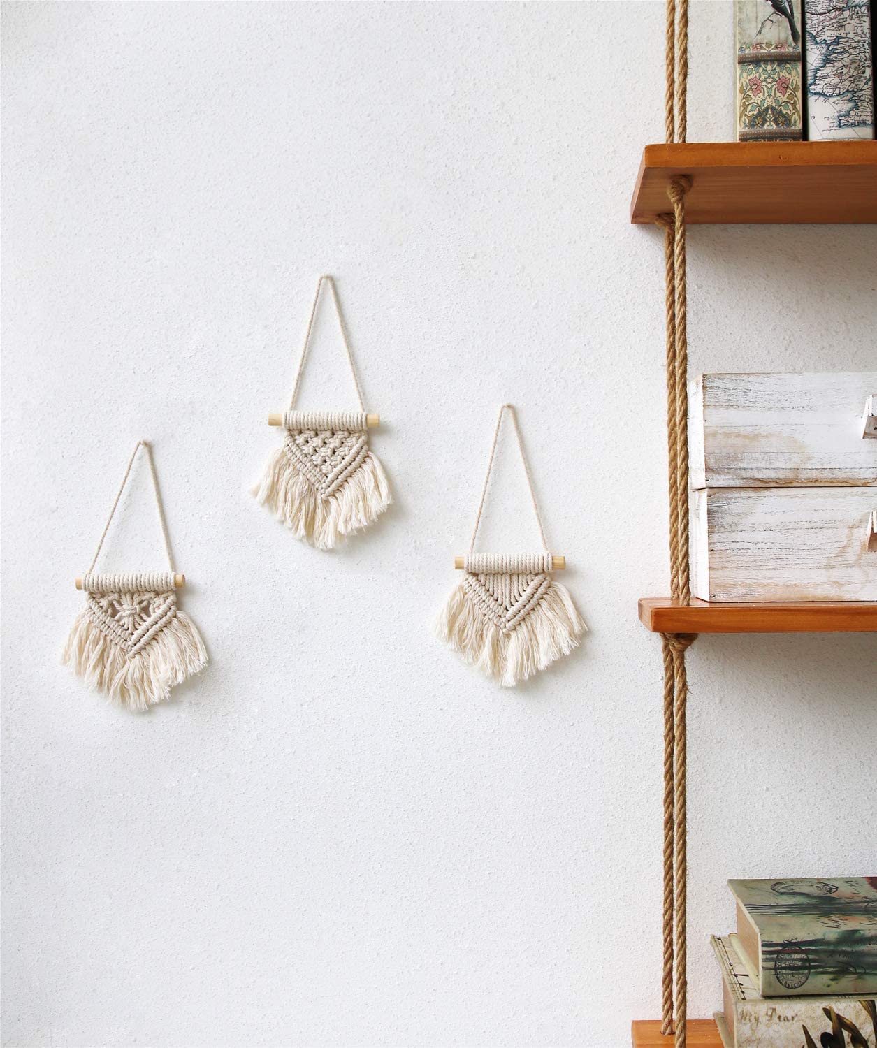 TIO's Mini Macrame Wall Hanging Set of 3 - Cute Boho Christmas Tree Decorations and Car Ornaments