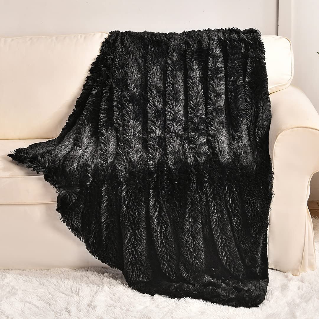 TIO's Thick Black Faux Fur Throw Blanket,2 Layers,50" x 60", Soft Fuzzy Fluffy Plush Furry Comfy Warm Blanket for Couch Bed Chair Sofa Bedroom Dog Baby Girl (Black)