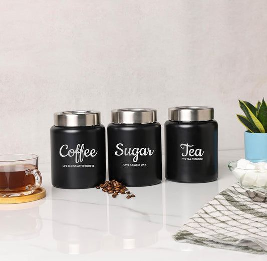 TIO's Stainless Steel Round Canister/Kitchen Storage for Tea Coffee Sugar pack of 3 (BLACK) 800 Millilitre/Each Jar