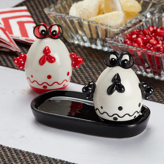 TIO's Ceramic Salt and Pepper Shakers Set with Tray for Dining Table used as Sprinkler, Spices Dispenser for Home, Kitchen, Egg Design, Black Red