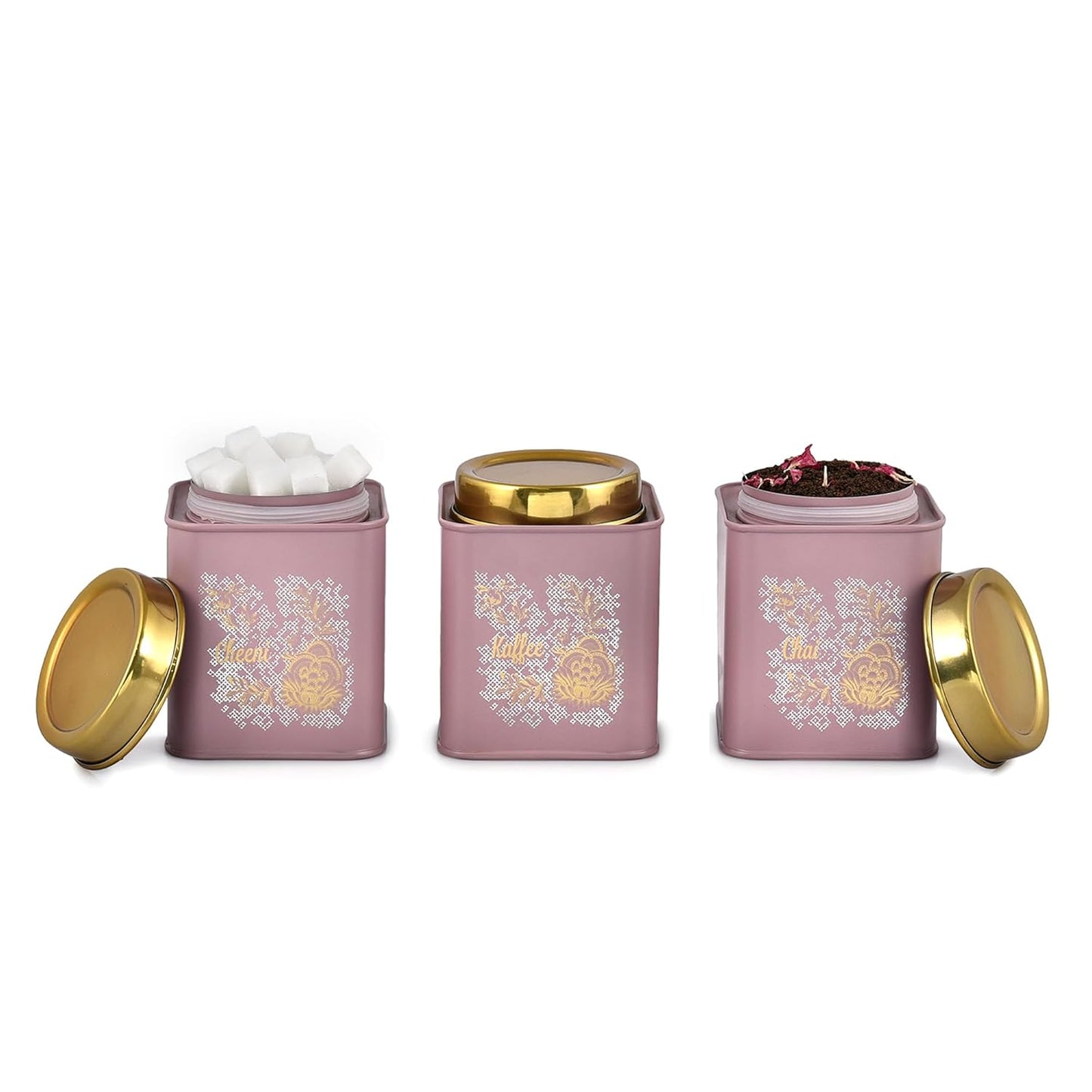 TIO's Gingham & Blooms Leak Proof Air-Tight Stainless Steel Chai Cheeni Kaffee Square Container | Ubha Dabba | Tea Sugar Coffee Kitchen Organizer Jar | Steel Dabba Set of 3 (Mauve, 500ml)