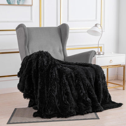 TIO's Thick Black Faux Fur Throw Blanket,2 Layers,50" x 60", Soft Fuzzy Fluffy Plush Furry Comfy Warm Blanket for Couch Bed Chair Sofa Bedroom Dog Baby Girl (Black)