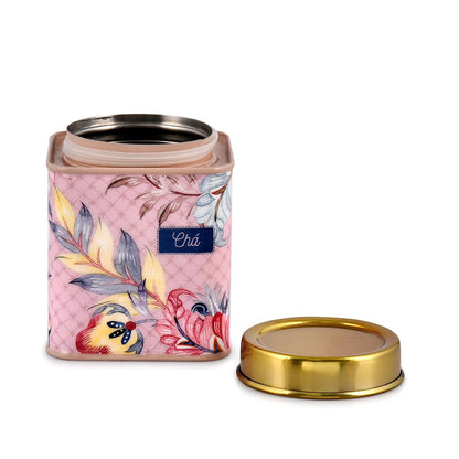 TIO's Gingham & Blooms Air-Tight Stainless Steel Cha Shakkar Square Container | Tea Sugar Kitchen Organizer Jar | Steel Dabba Set of 2 (Printed Dusty Pink, 500ml)