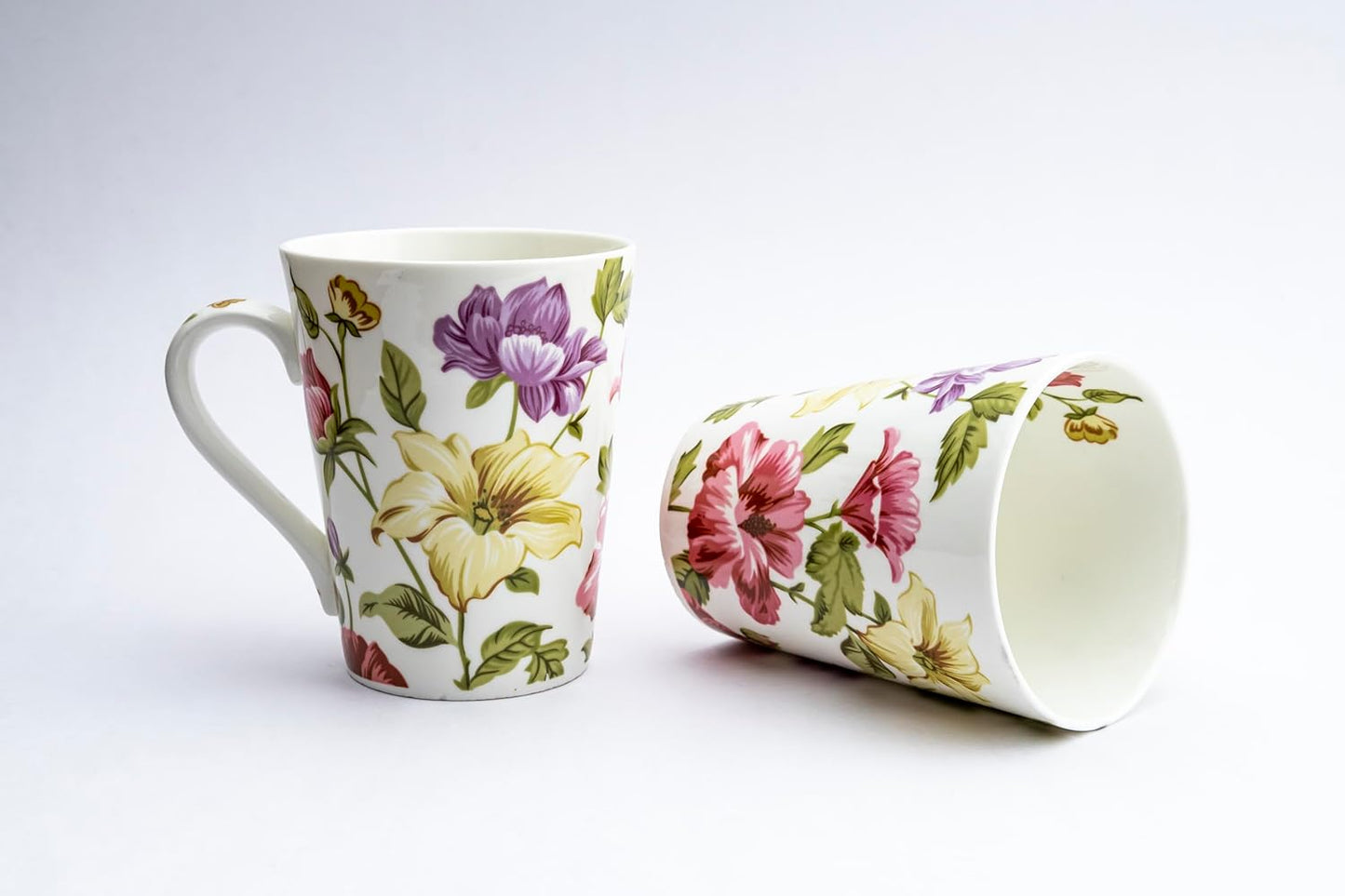 TIO's Ceramic Floral Print - Milk & Coffee Mug, 300 Ml - Set of 2 (Pink & Green Tapered)