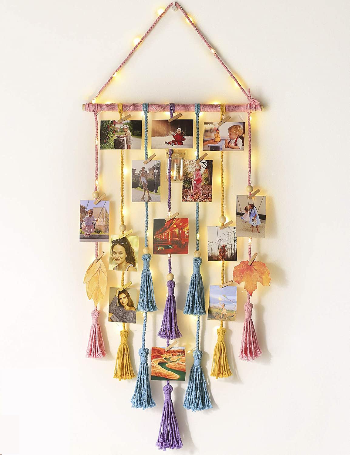 TIO's Hanging Photo Display Wall Decor - Macrame Wall Decor Hanging String Light Boho Home Decor for Apartment Bedroom Living Room Gallery, with 30 Wood Clips for Photo Collage Frame