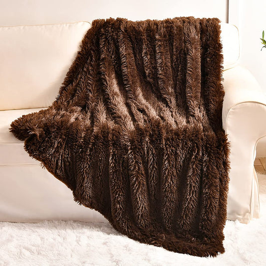 TIO's Brown Faux Fur Throw Blanket,2 Layers,50" x 60", Soft Fuzzy Fluffy Plush Furry Comfy Warm Blanket for Men Couch Bed Chair Sofa Bedroom Gift (Brown)