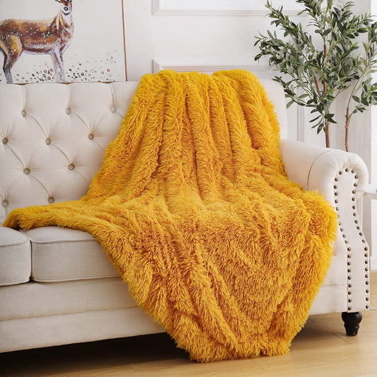 TIO's Super Soft Shaggy Faux Fur Blanket, Plush Fuzzy Bed Throw Decorative Washable Cozy Sherpa Fluffy Blankets for Couch Chair Sofa (Yellow)