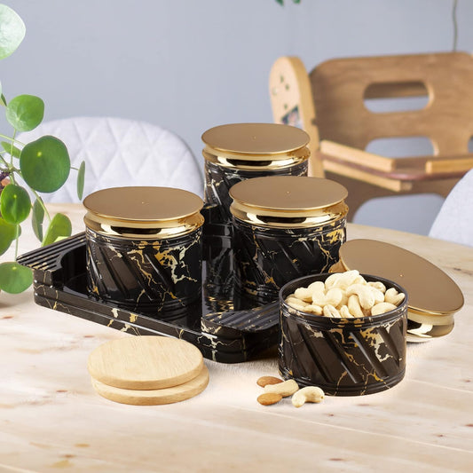 TIO's Unbreakable & Air tight Dry Fruit Container Tray Set with Lid & Serving Tray, Airtight Container Set 430ml (4 Pieces, polypropylene) (Marbello Black)