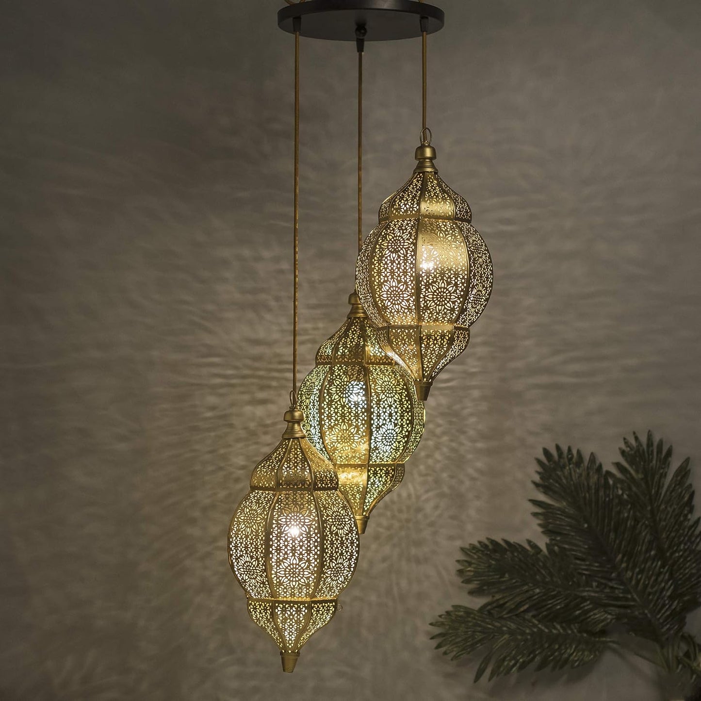 TIO's 3-Lights Round Cluster Chandelier Ceiling Antique and Gold Metal Classic Moroccan Orb Hanging Pendant Light with Braided Cord, Urban Retro, Nordic Style, LED/Filament Bulb - The Indie Odyssey