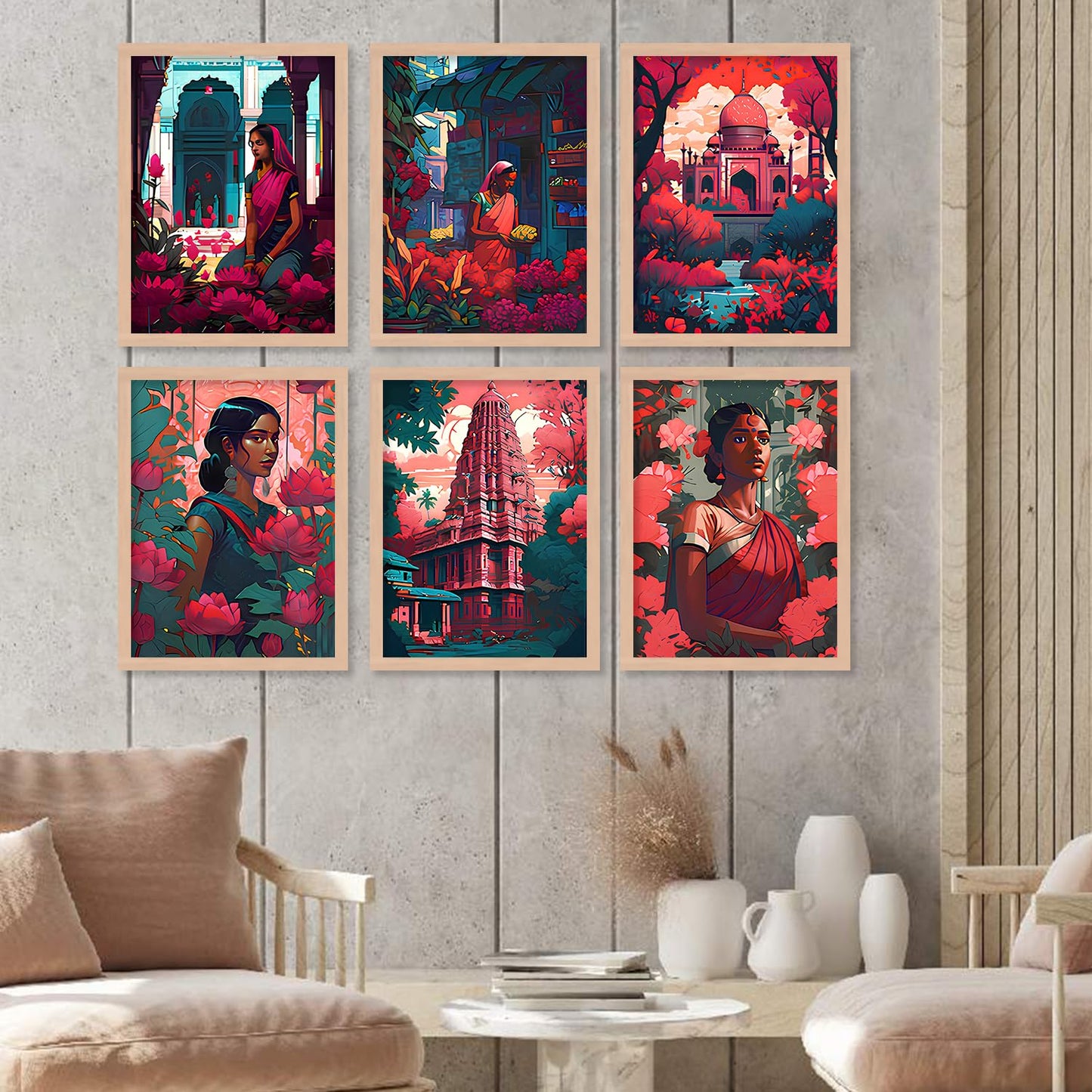 TIO's Digital Traditional Art Paintings With Frame For Home Decor - Painting For Living Room Bedroom Office Room Decor - Painting For Wall Decoration - Set Of 6 - Engineered Wood