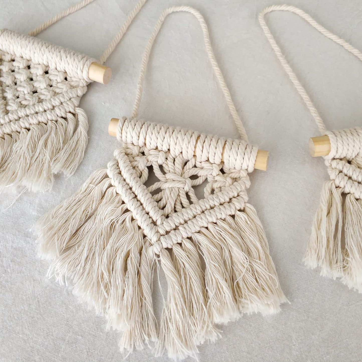 TIO's Mini Macrame Wall Hanging Set of 3 - Cute Boho Christmas Tree Decorations and Car Ornaments