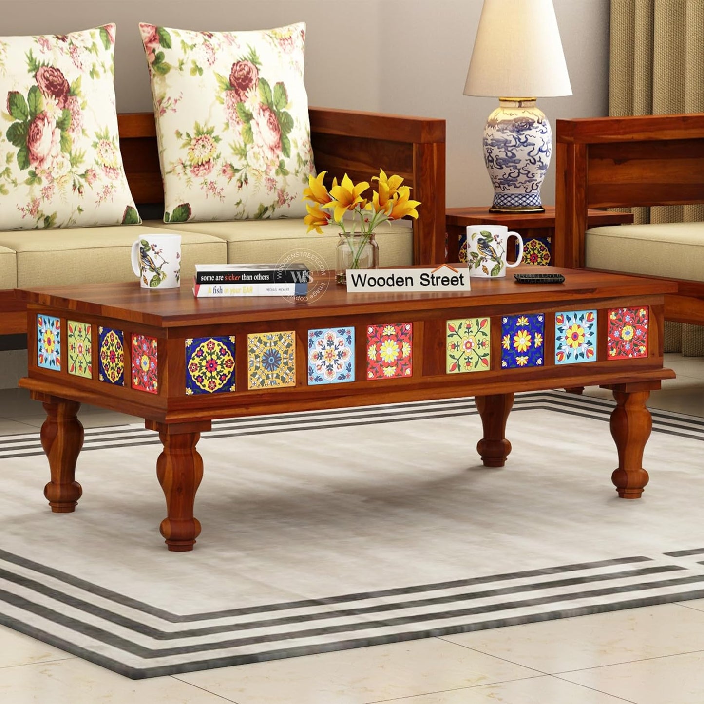 TIO's Boho Sheesham Wood Coffee Table with Ceramic Tiles (Honey Finish)