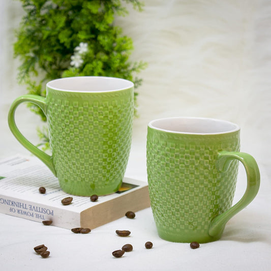 TIO's Green Check Coffee Mug Set of 2 Ceramic mugs| Microwave Safe Milk Mugs (300 ml Each, Green)