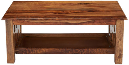 TIO's Victra Coffee Table with Bottom Shelf (Solid Sheesham Wood, Natural Finish)