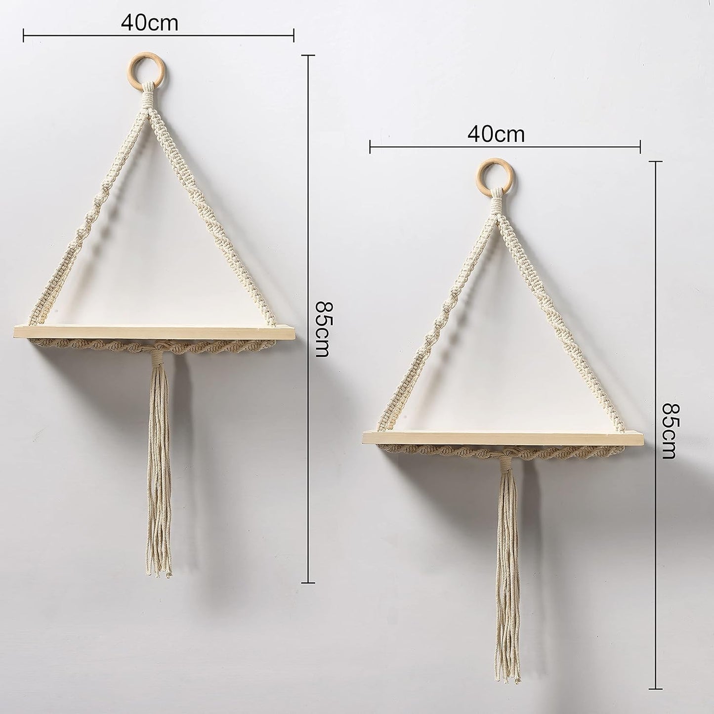 TIO's Set of 2 Macrame Wall Hanging Shelf Natural Pine Wood Spiral Knot Cotton Cord Bohemian Style Decor