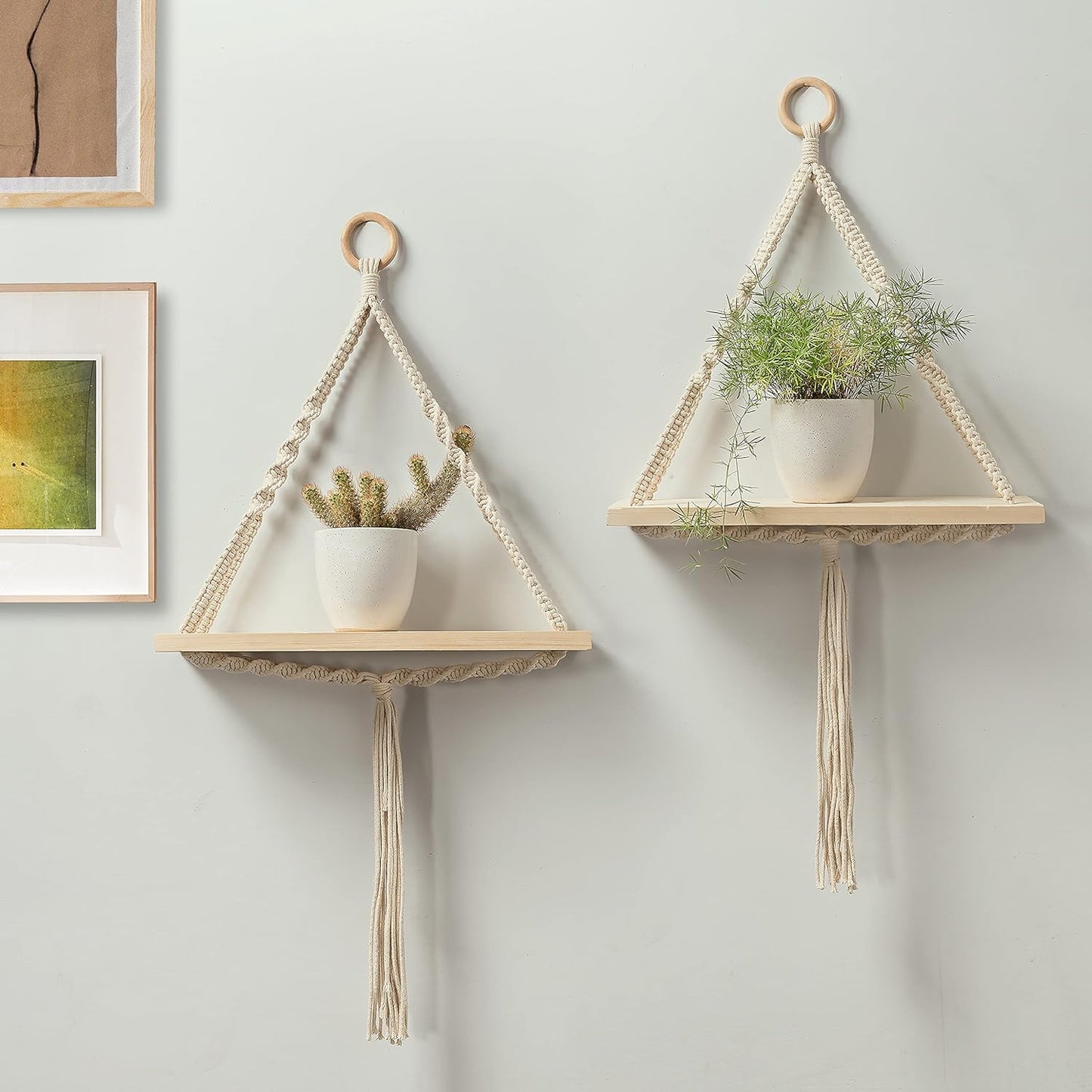 TIO's Set of 2 Macrame Wall Hanging Shelf Natural Pine Wood Spiral Knot Cotton Cord Bohemian Style Decor