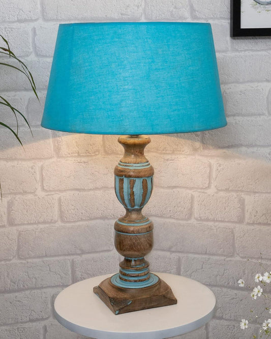 TIO's Signature Rustic Table Lamp with Turquoise Drum Shade, Farmhouse Living Room Bedroom House Bedside Nightstand Home Office Reading Light, (Blue French Trophy& Rope Distress Blue) - The Indie Odyssey