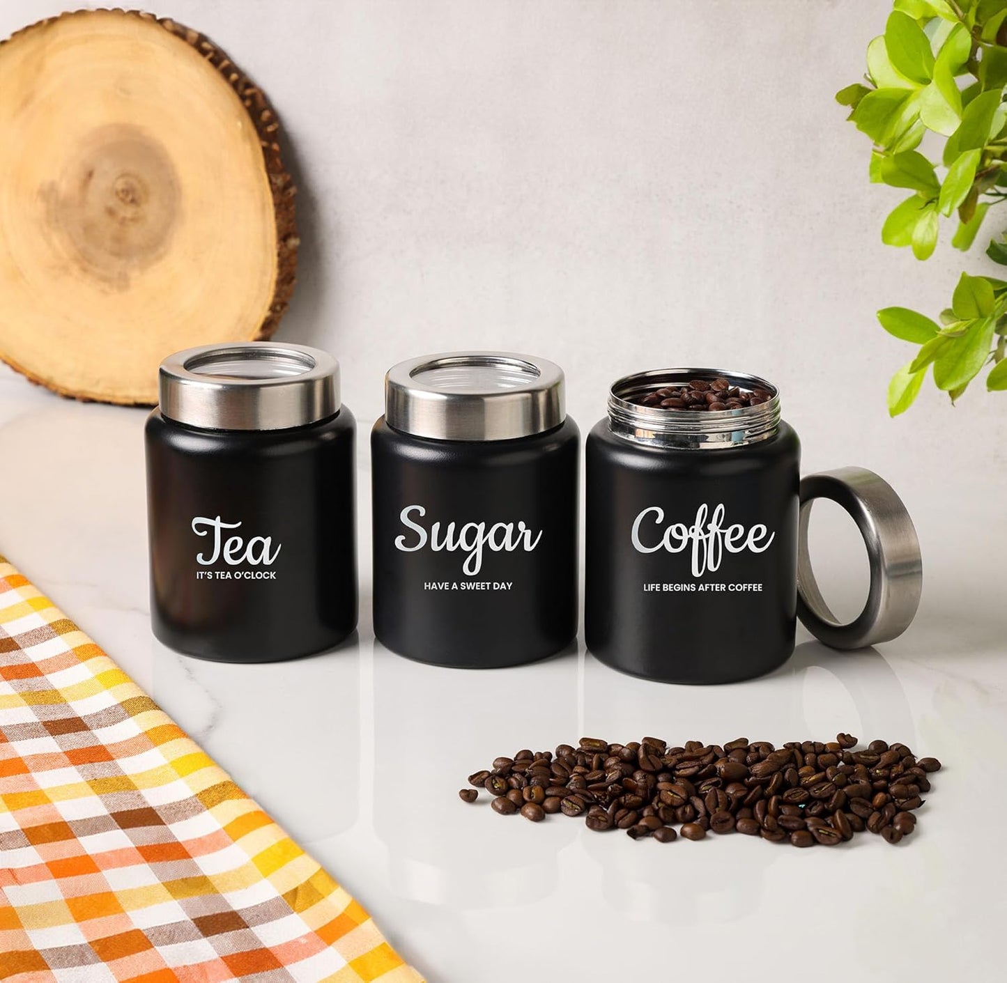 TIO's Stainless Steel Round Canister/Kitchen Storage for Tea Coffee Sugar pack of 3 (BLACK) 800 Millilitre/Each Jar