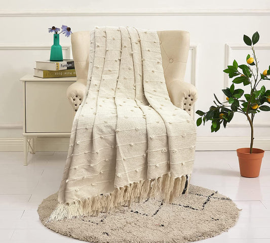 TIO's Hand-Knitted Pure Cotton Sofa Throw | Soft and Cozy Decorative Throw | 82x52 Inches / 208x132 Cms | Beige natural with Tassels | Reversible and Breathable (Pack of 1)