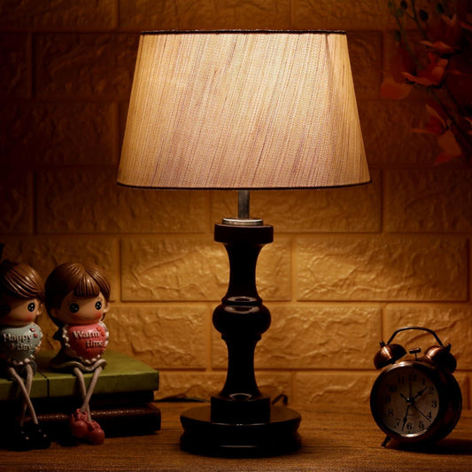 TIO's Designer Table Lamp with Brown Wood Base | Beige - The Indie Odyssey