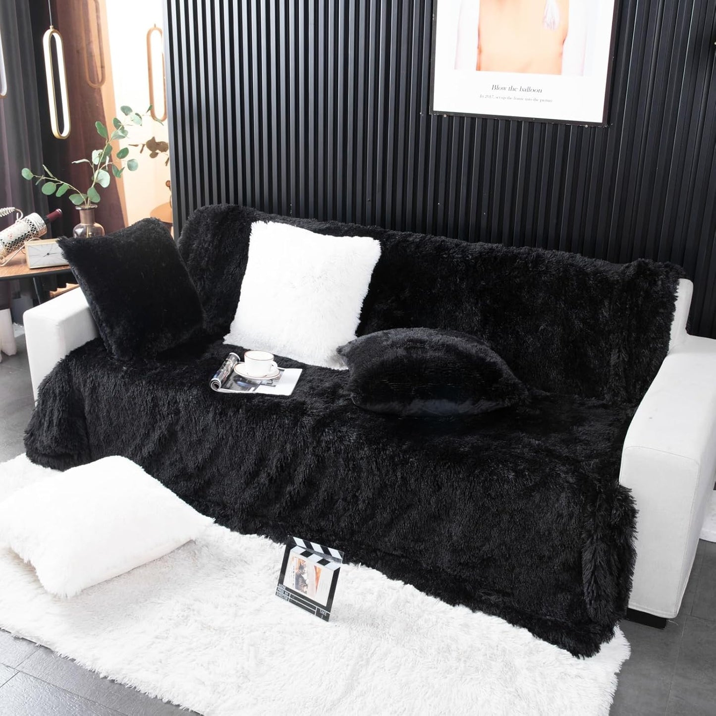 TIO's Thick Black Faux Fur Throw Blanket,2 Layers,50" x 60", Soft Fuzzy Fluffy Plush Furry Comfy Warm Blanket for Couch Bed Chair Sofa Bedroom Dog Baby Girl (Black)