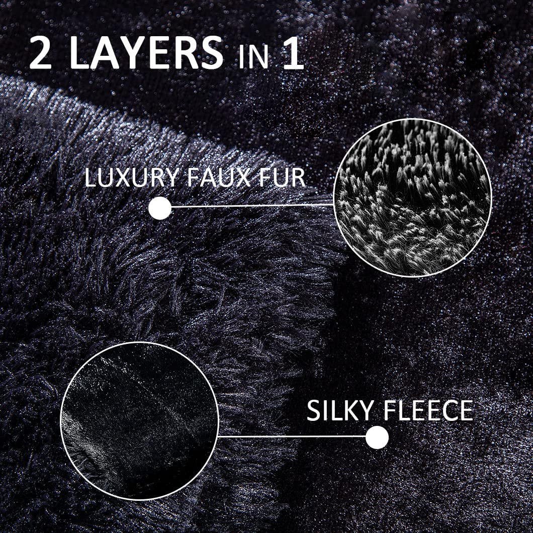 TIO's Thick Black Faux Fur Throw Blanket,2 Layers,50" x 60", Soft Fuzzy Fluffy Plush Furry Comfy Warm Blanket for Couch Bed Chair Sofa Bedroom Dog Baby Girl (Black)