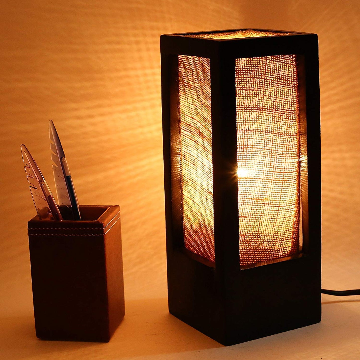 TIO's Wooden & Natural Jute Rectangle CFL Table Lamp Without Bulb (Black & Brown, 40 Watt, Pack Of 1) - The Indie Odyssey