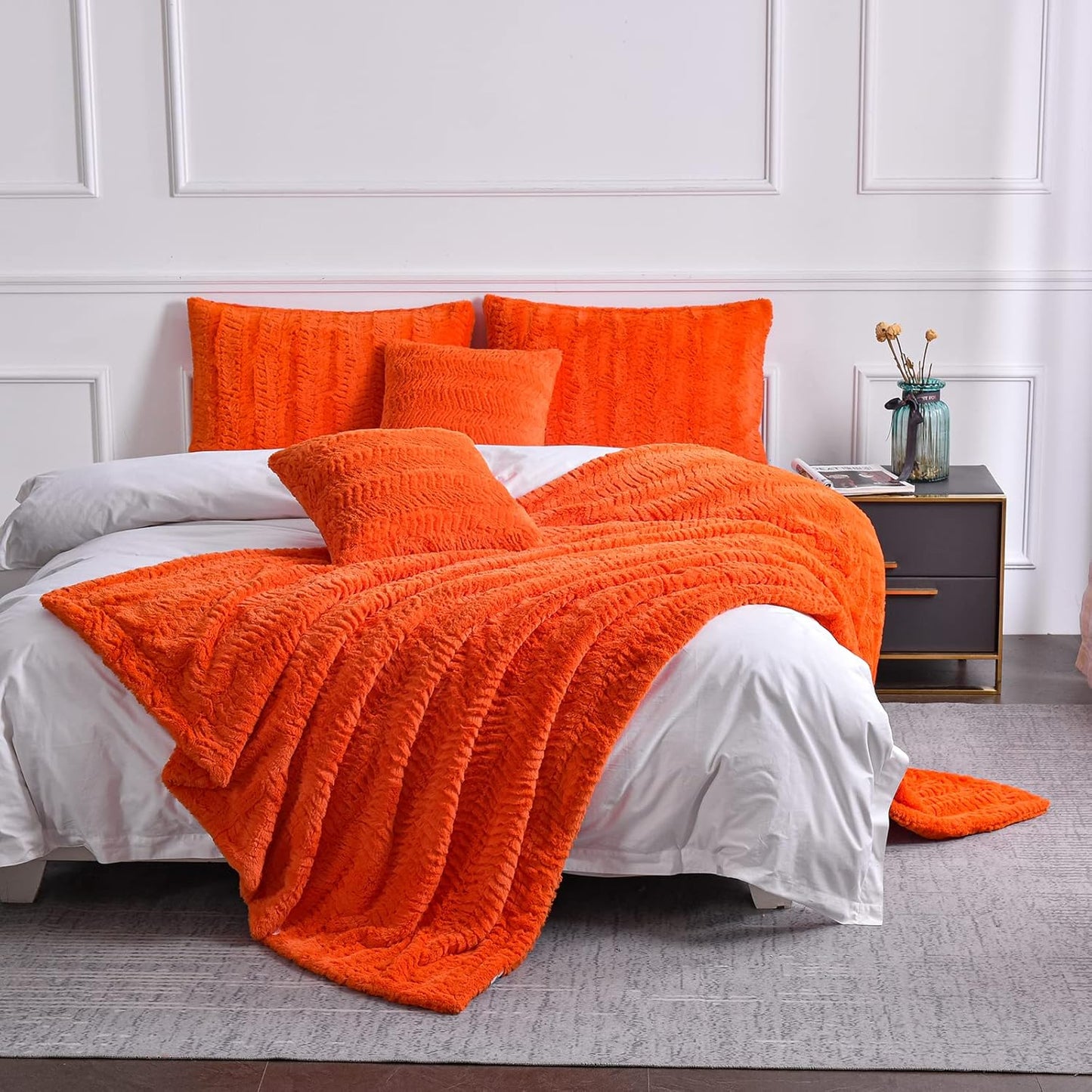 TIO's Luxury Double Sided Faux Fur Throw Blanket(Without Pillows),Decorative Soft Fuzzy Fluffy Cozy Blanket for Couch Bed Chair Sofa Women Teen Girls Gift(Orange,50" x 63")