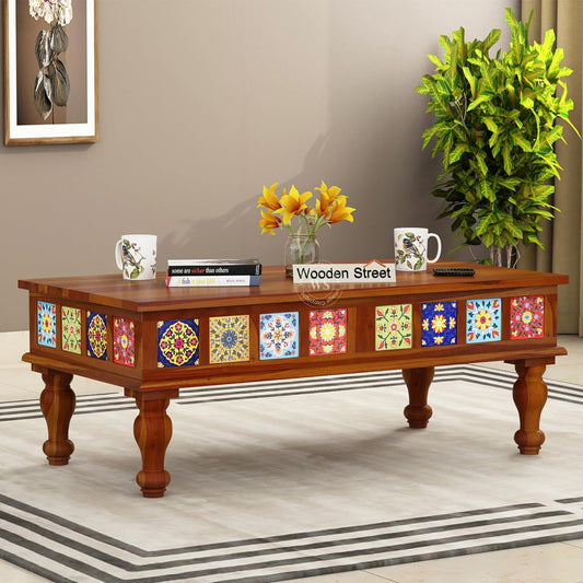 TIO's Boho Sheesham Wood Coffee Table with Ceramic Tiles (Honey Finish)