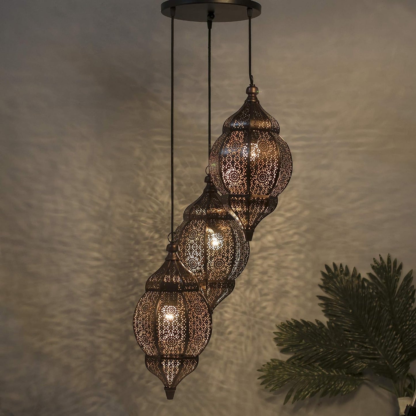 TIO's 3-Lights Round Cluster Chandelier Ceiling Antique Copper Classic Moroccan Orb Hanging Pendant Light with Braided Cord, Urban Retro, Nordic Style, LED/Filament Bulb - The Indie Odyssey