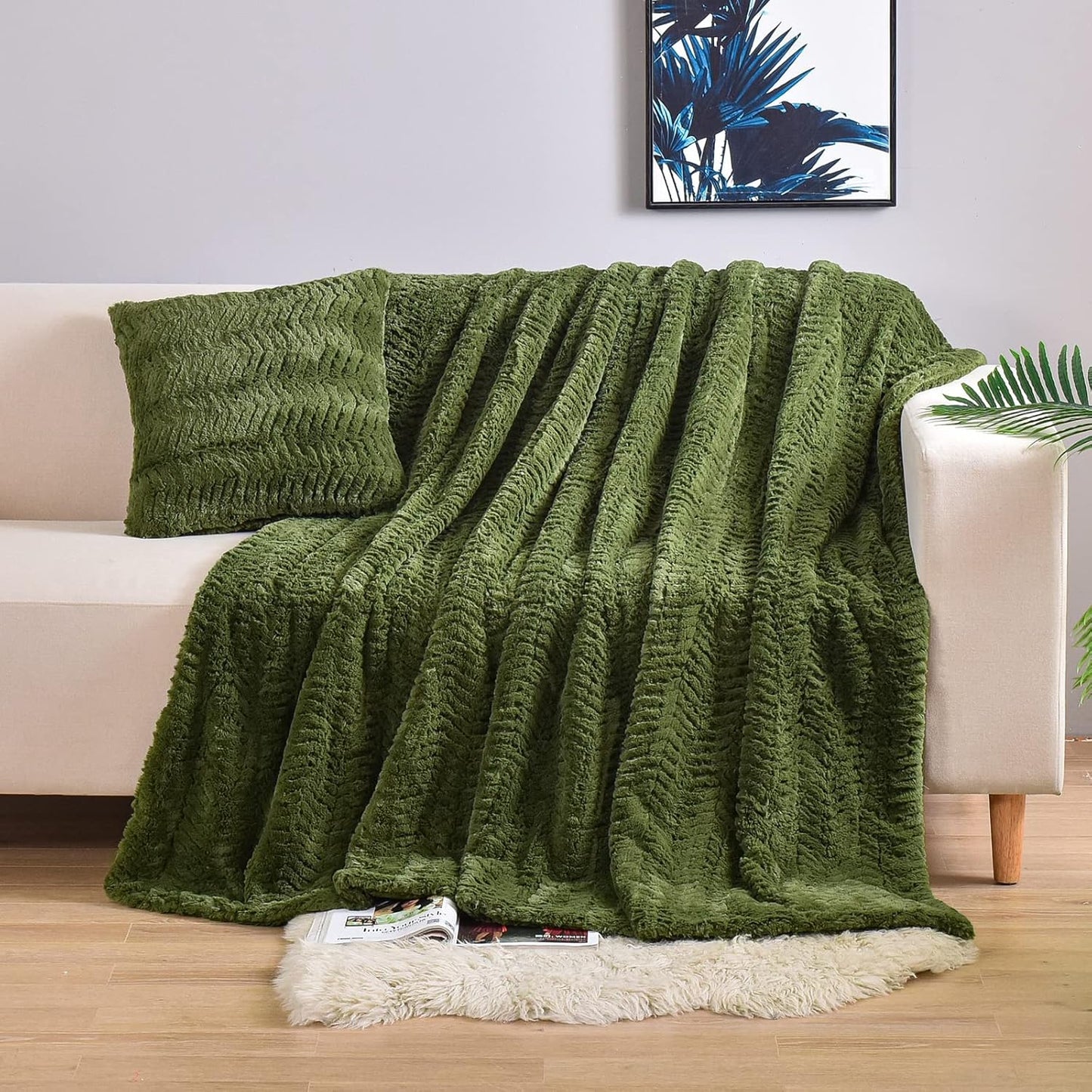 TIO's Luxury Double Sided Faux Fur Throw Blanket(Without Pillows),Decorative Soft Fuzzy Fluffy Cozy Warm Blanket for Couch Bed Chair Sofa Women Teen Girls Men Gift(Olive Green,50" x 63")