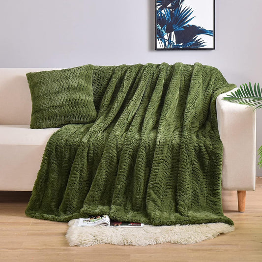 TIO's Luxury Double Sided Faux Fur Throw Blanket(Without Pillows),Decorative Soft Fuzzy Fluffy Cozy Warm Blanket for Couch Bed Chair Sofa Women Teen Girls Men Gift(Olive Green,50" x 63")