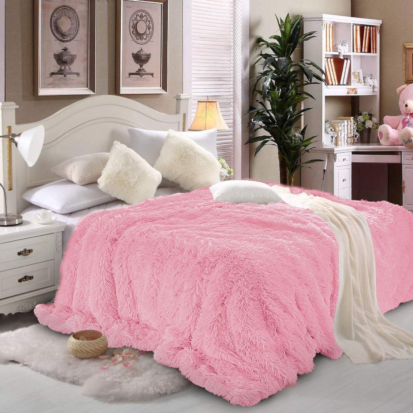 TIO's Super Soft Shagge Faux Fur Blanket Plush Fuzzy Bed Throw Decorative Cozy Fluffy Blankets for Couch Chair Sofa (Baby Pink 60" x 80")