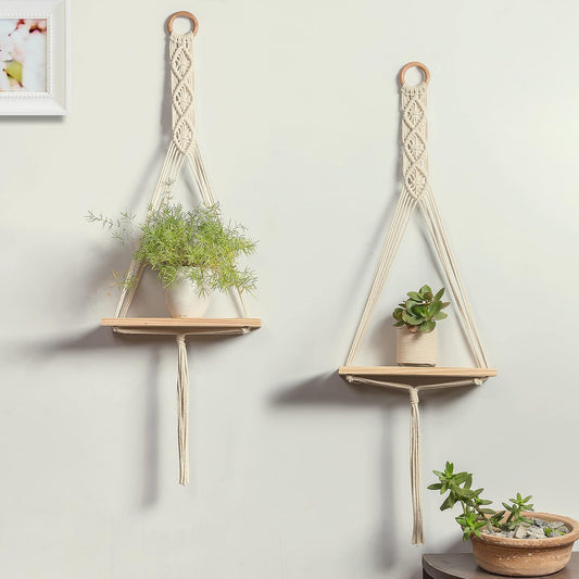 TIO's Macrame Handmade Wall Shelf for Plants Decor Cotton Cord Pine Wooden Plank Hanging Floating Shelf Boho Decor Set of 2 for Bedroom Living Room Balcony Beige 55 x 30