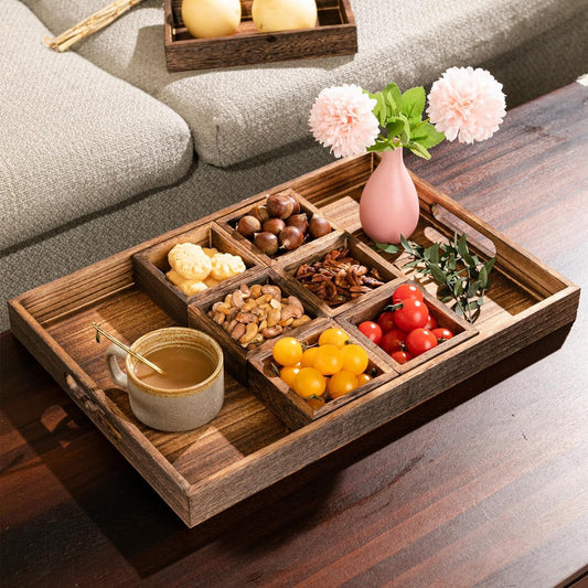 TIO's Wooden Serving Tray with Handles, Rectangular Plates with 8 compartments, Ottoman Tray