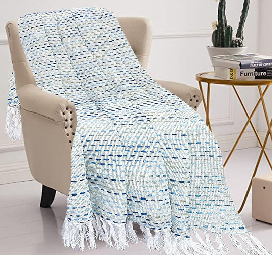 TIO'S Hand-Knitted Pure Cotton Sofa Throw | Soft and Cozy Decorative Throw | 82x52 Inches / 208x132 Cms | Teal Blue with Tassels | Reversible and Breathable (Pack of 1)