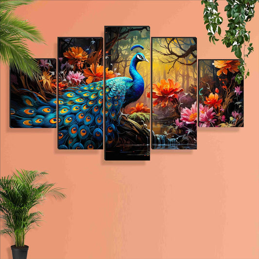 TIO's Peacock Paintings For Wall Decoration - Set Of Five, 3D Scenery Painting For Living Room Large Size With Frames | Engineered Wood