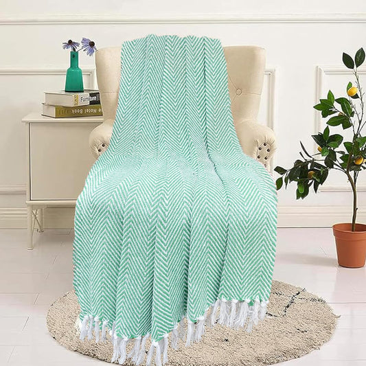 TIO'S Hand-Knitted Pure Cotton Sofa Throw | Soft and Cozy Decorative Throw | 72x58 Inches / 182x147 Cms | Green with Tassels | Reversible and Breathable (Pack of 1)