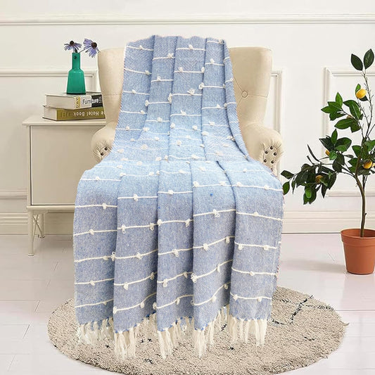 TIO'S Hand-Knitted Pure Cotton Sofa Throw | Soft and Cozy Decorative Throw | 82x52 Inches / 208x132 Cms | Blue with Tassels | Reversible and Breathable -(Pack of 1)