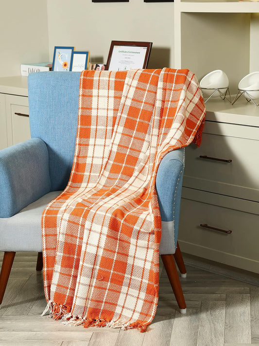 TIO'S Plaid Blanket | Throw for Living Room, Bedroom, Sofa & Chair | Orange and White Blanket | 1200g, 125x150 cm