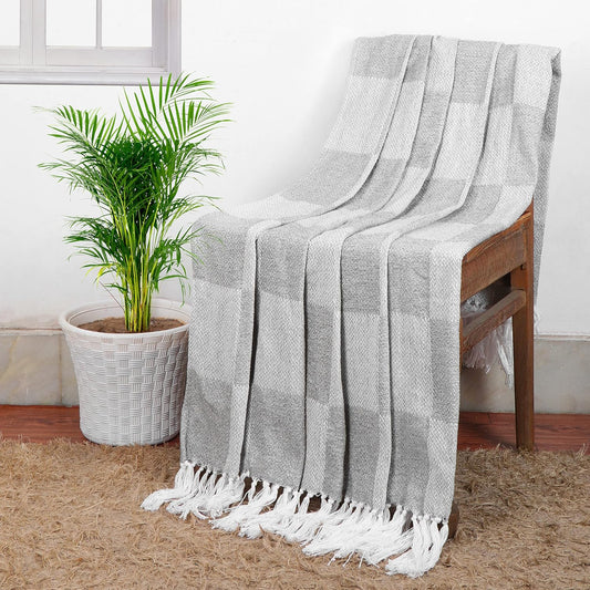 TIO's Soft Chenille Cotton Throw with Fringe Tassels | 50 x 60 inches, Grey