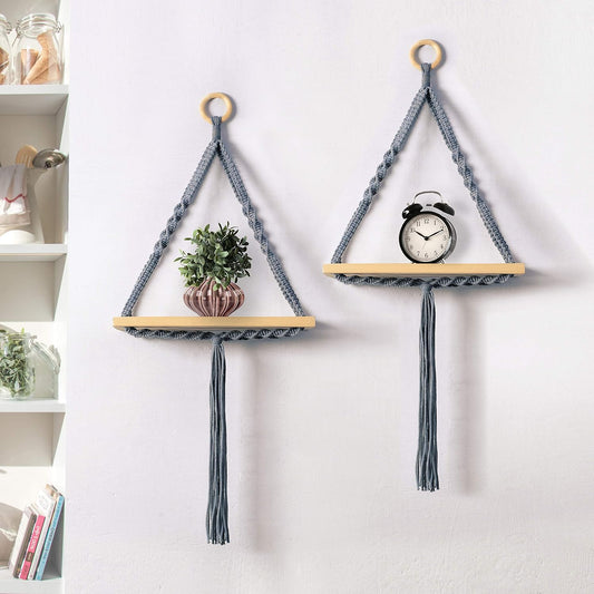 TIO's Set of 2 Macrame Wall Hanging Shelf Natural Pine Wood Spiral Knot Cotton Cord Bohemian Style Decor (Colombian)